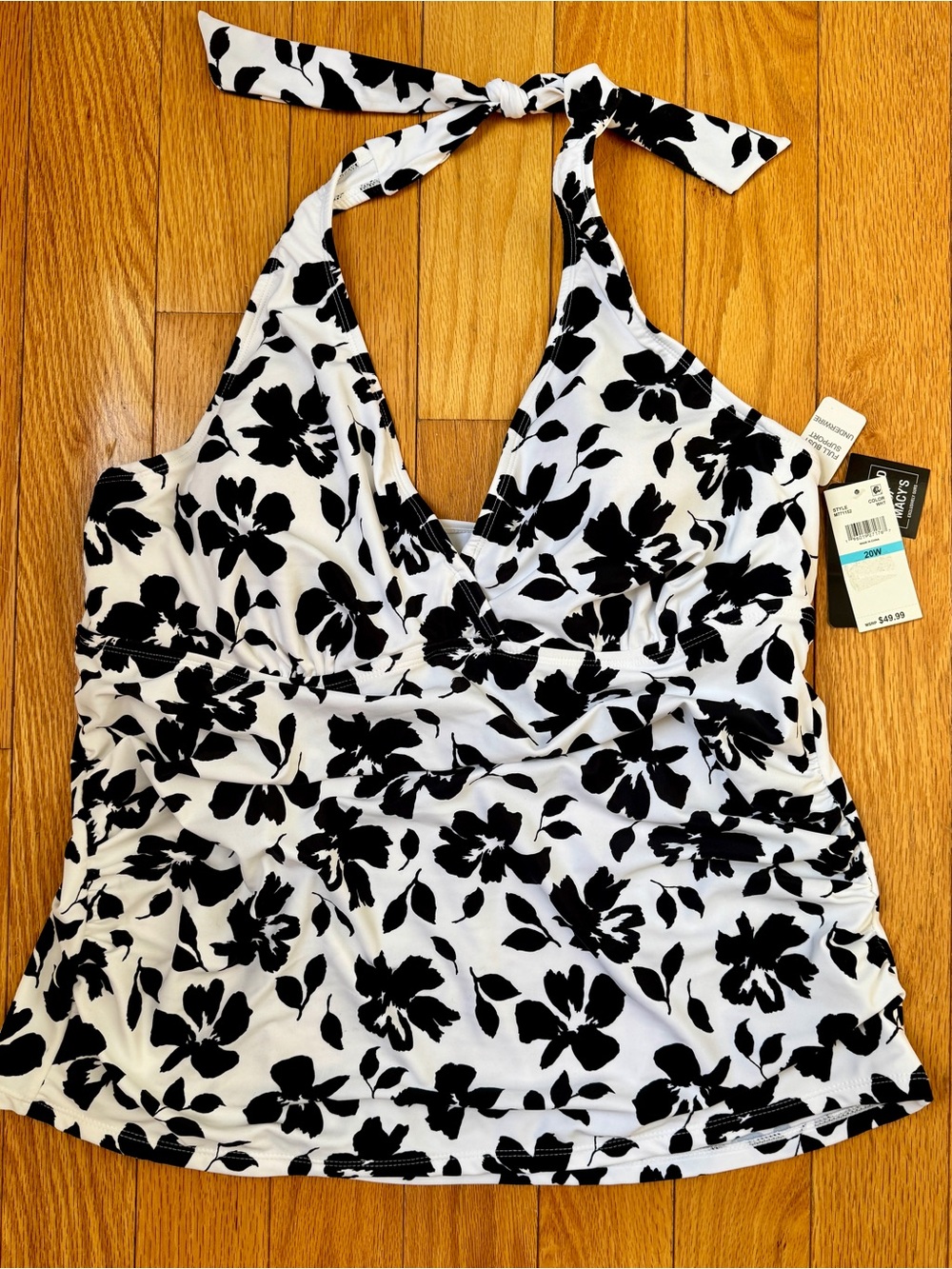 Island Escape Black and White Floral Halter Tankini Top